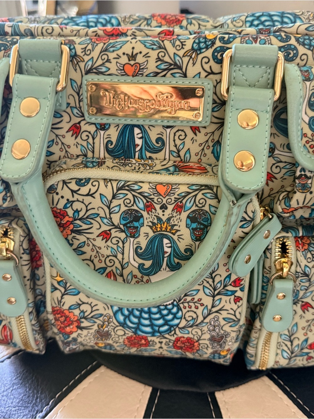 House of Flynn Mermaid Mint Blue Floral Fantasy Satchel with Gold Hardware